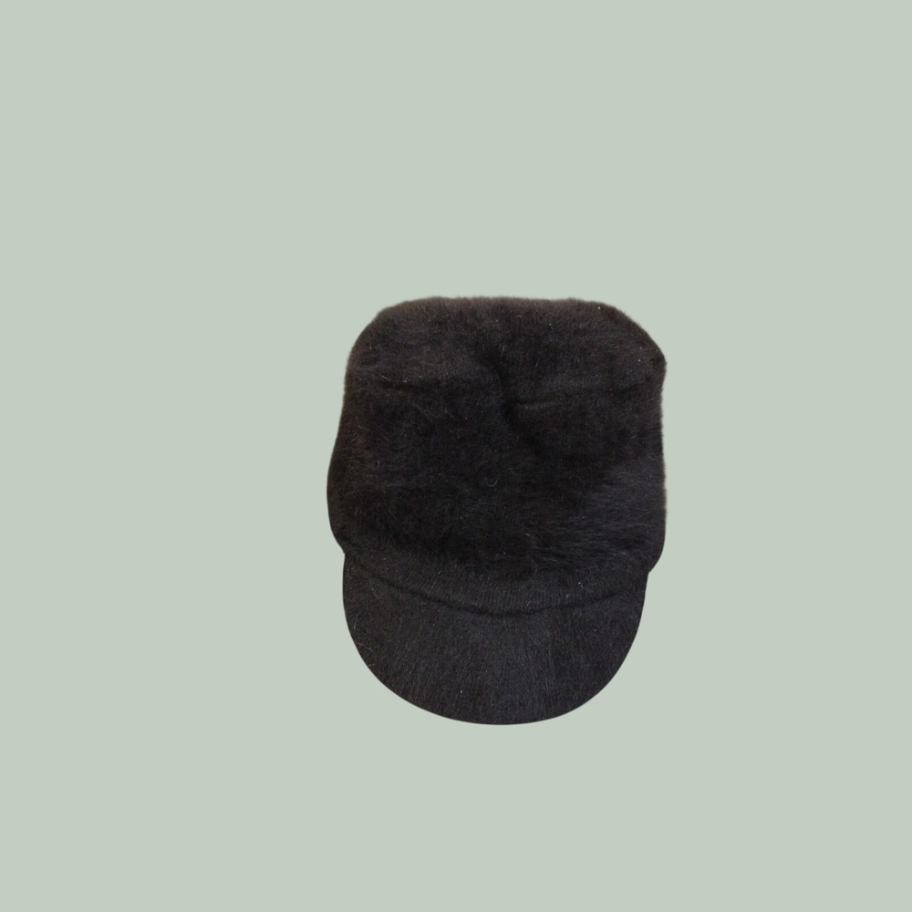 Vintage Black Angora Blend Fuzzy Newsboy Cap Flat Top Hat RN7008 One Size